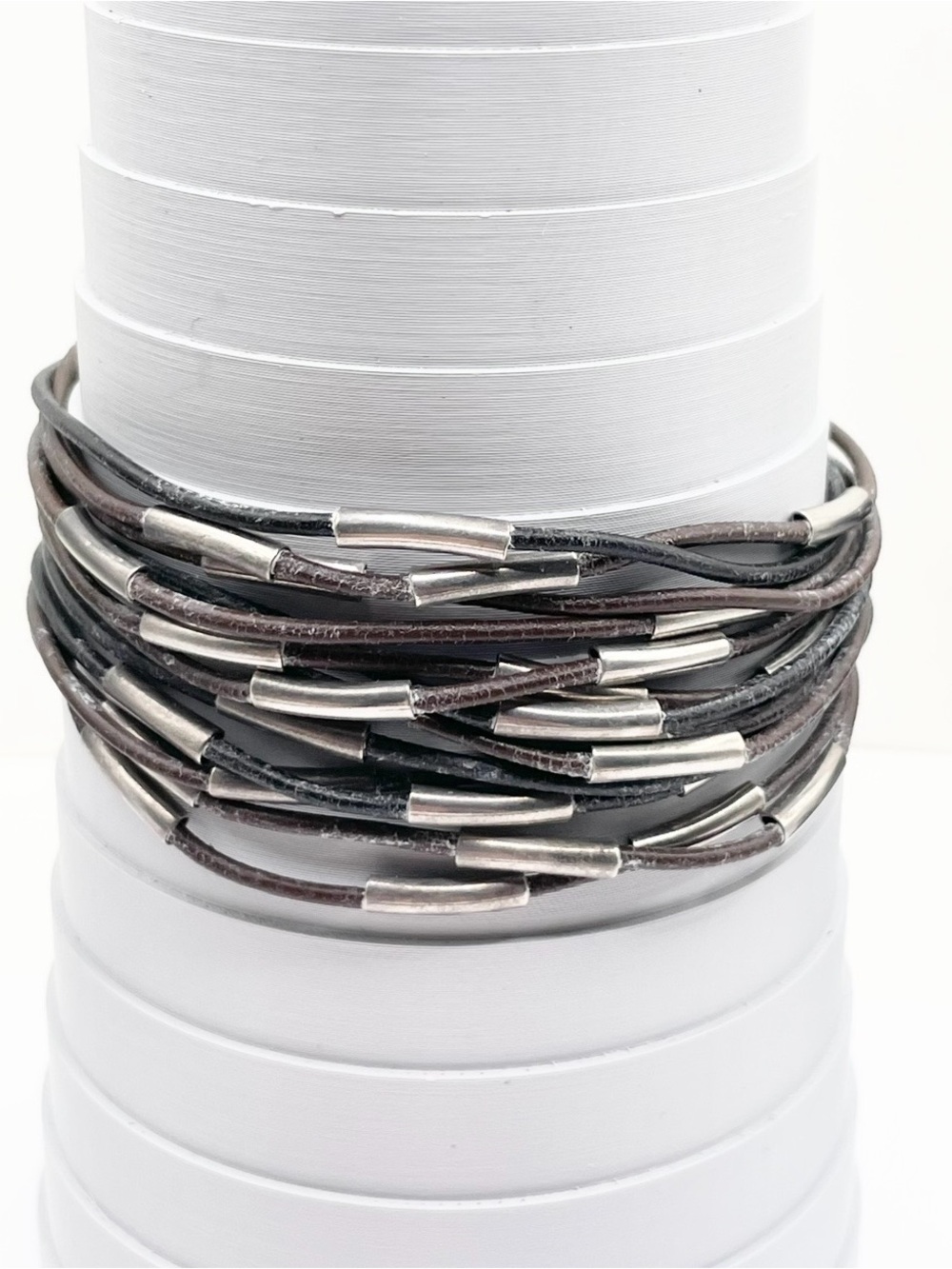 Silpada B2183 Multi-Strand Sterling Silver Tube Bracelet - Black & Brown Leather